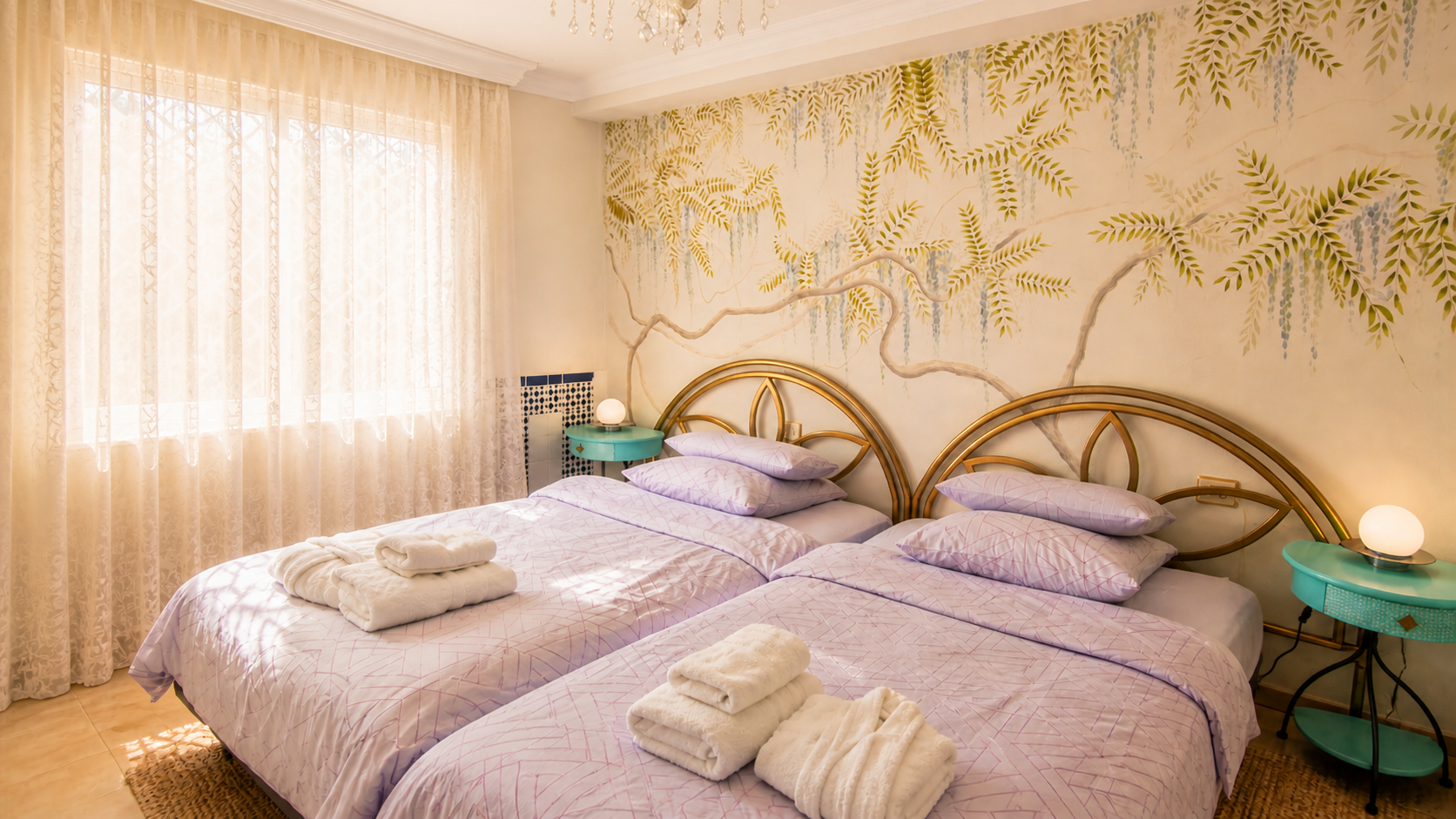 Separate bedroom in the Family Apartment with two single beds and a hand-painted botanical motif
